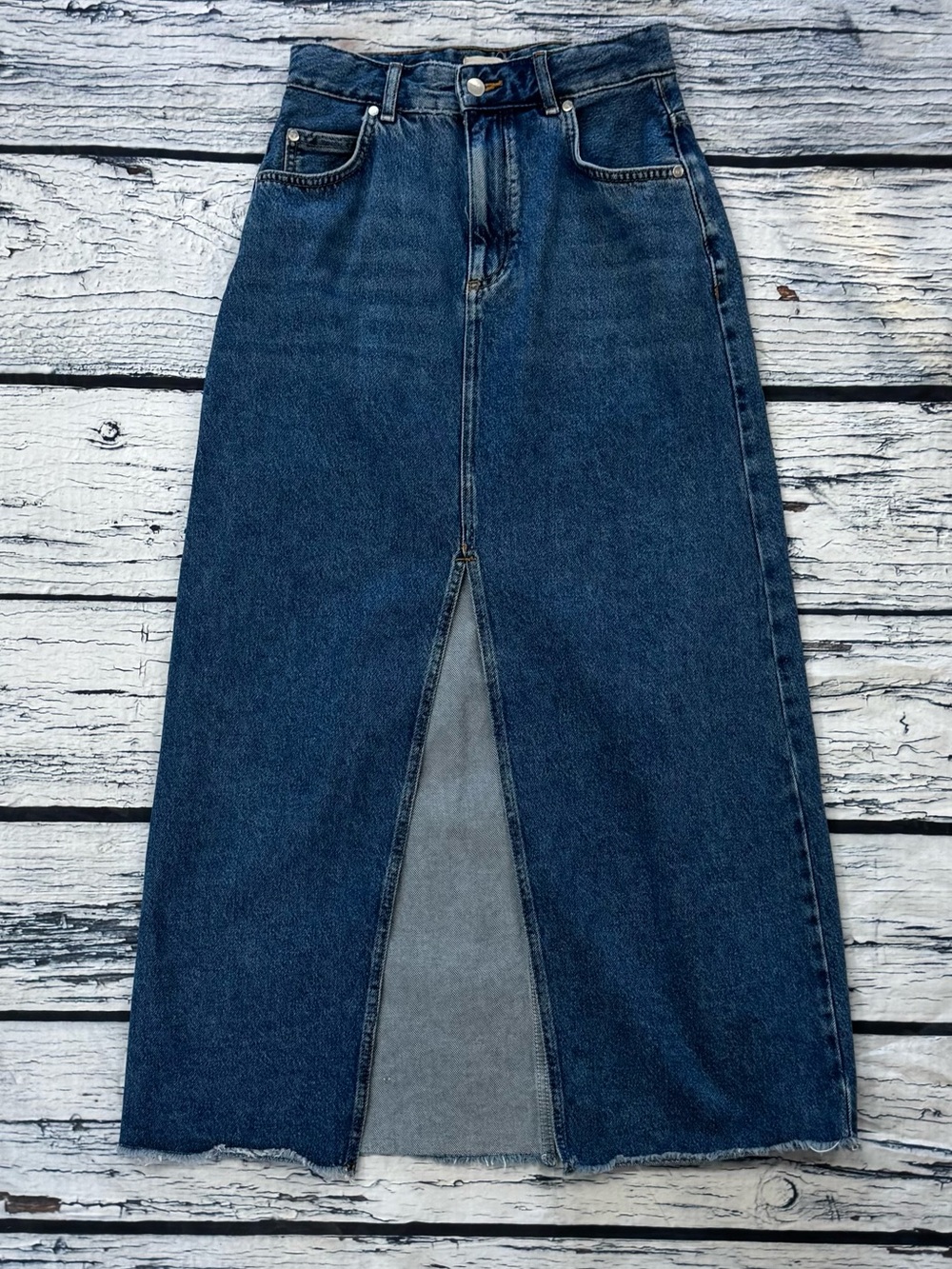 Pilcro Straight-Leg Dark Blue Denim Skirt with Front Slit